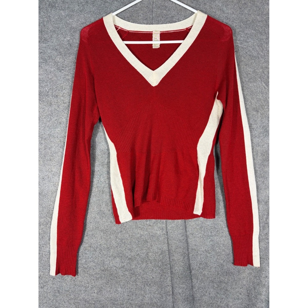 Vintage Free People Womens Red Cream Stripe V-Neck Knit Wool Blend Sweater Sz M